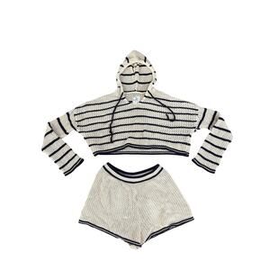 Aerie Crochet Sweater and Shorts Set Navy Blue White Striped Sz S Top, L Bottom